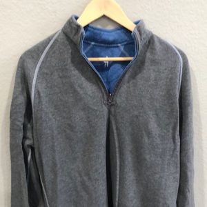 Reversible gray and blue Johnny-O 1/4 zip sweater